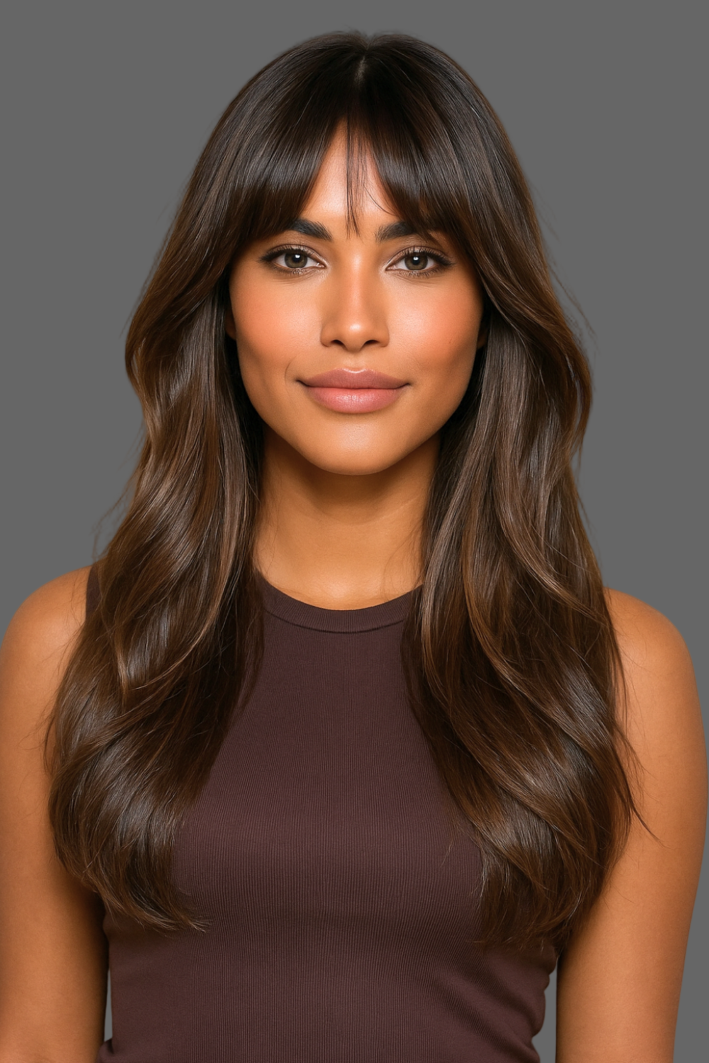 Confident woman wearing Valentina Chocolate Elegance wig with mocha highlights, studio lighting