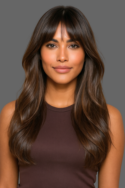 Confident woman wearing Valentina Chocolate Elegance wig with mocha highlights, studio lighting