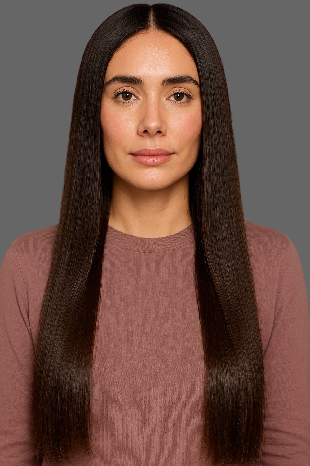 Woman with long premium human hair with volume wearing Isla Voluminous Harmony Wig, ina a mauve shirt against a beige background