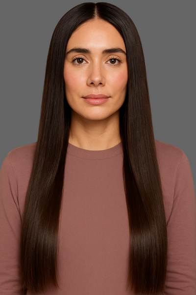 Woman with long premium human hair with volume wearing Isla Voluminous Harmony Wig, ina a mauve shirt against a beige background