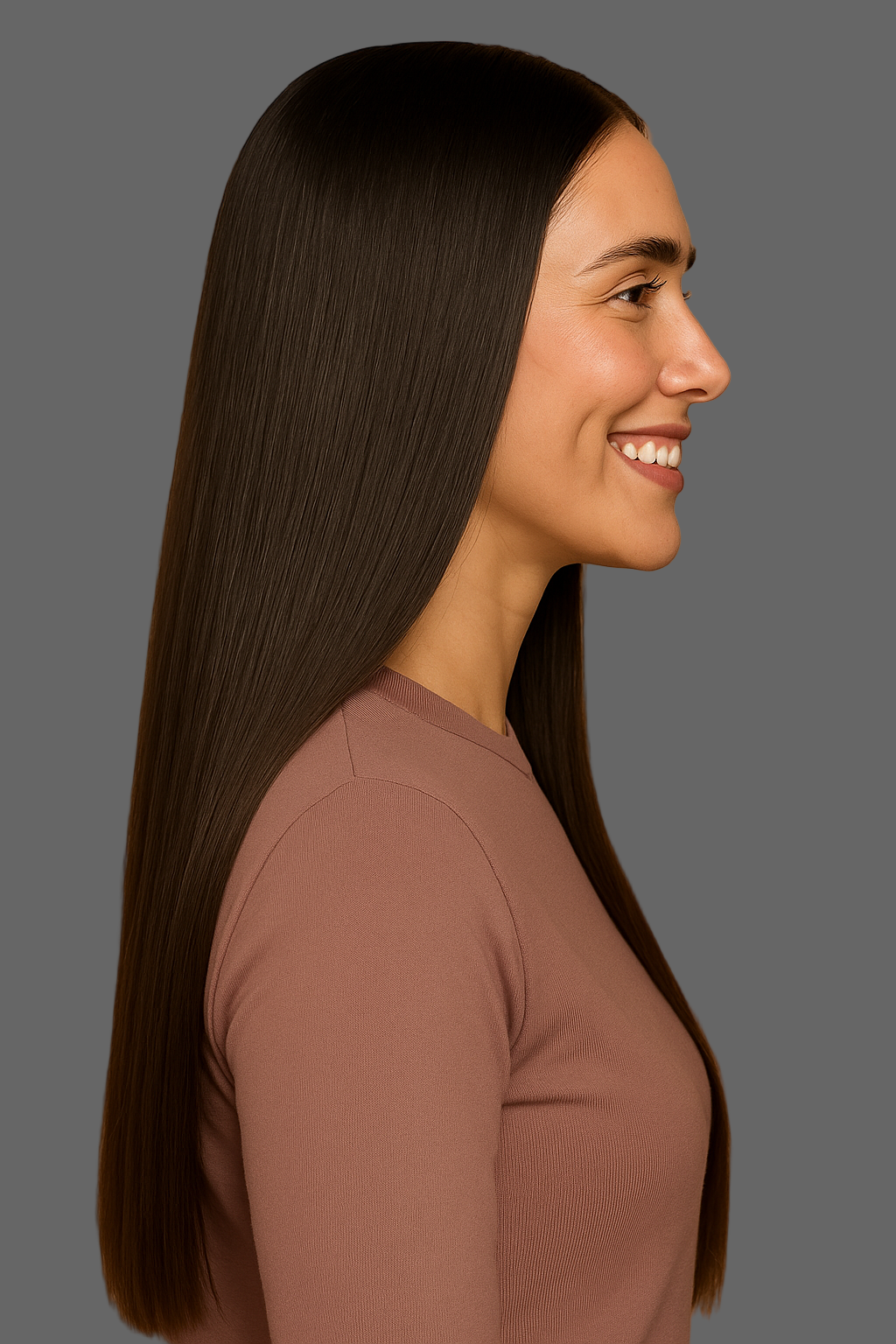 Woman with long premium human hair with volume wearing Isla Voluminous Harmony Wig, ina a mauve shirt against a beige 