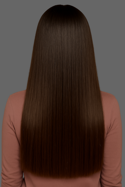 Woman with long premium human hair with volume wearing Isla Voluminous Harmony Wig, ina a mauve shirt against a beige 