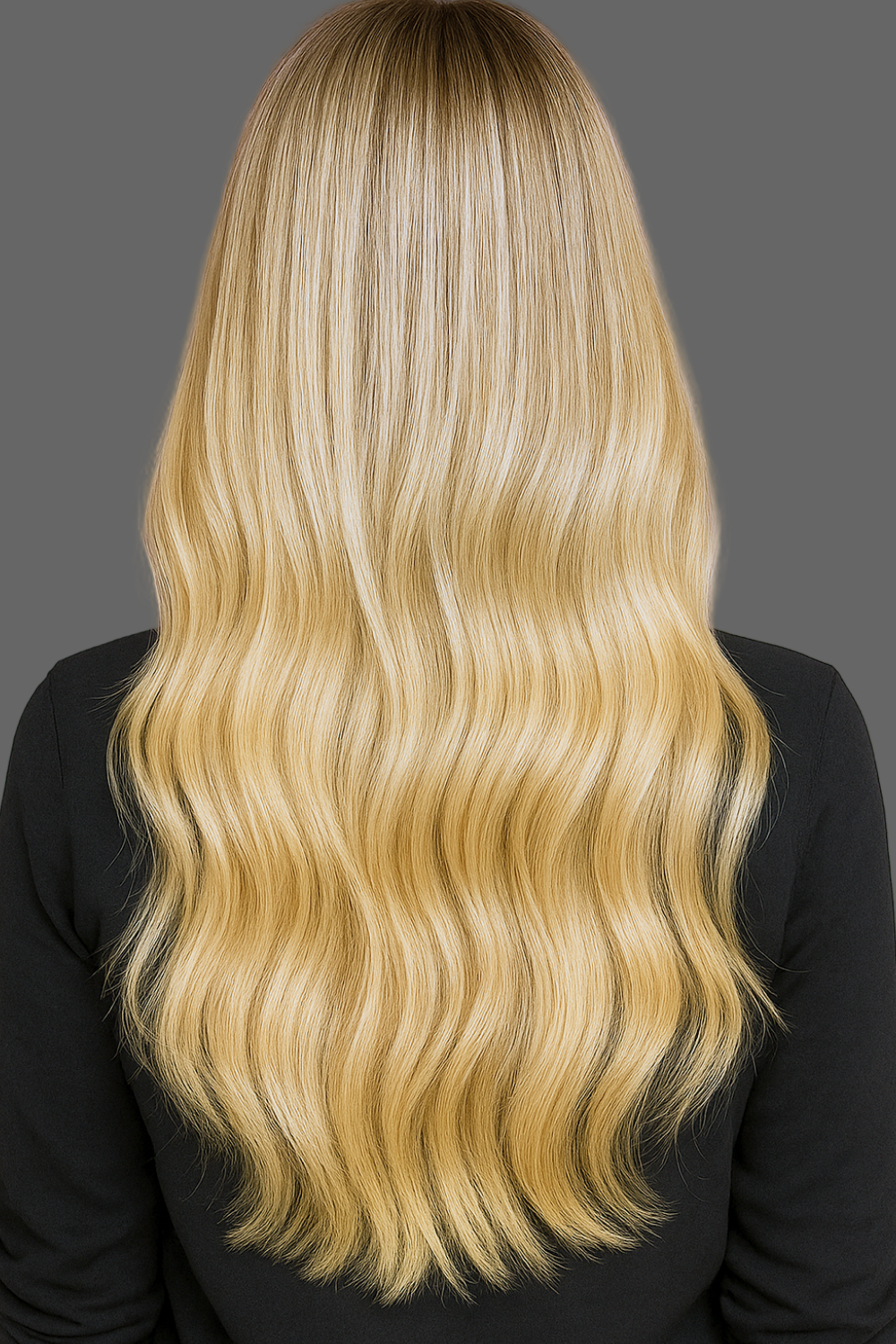 Confident Caucasian woman wearing Ava Golden Cascade Wig, long loose waves with blonde balayage highlights, Soft purple background