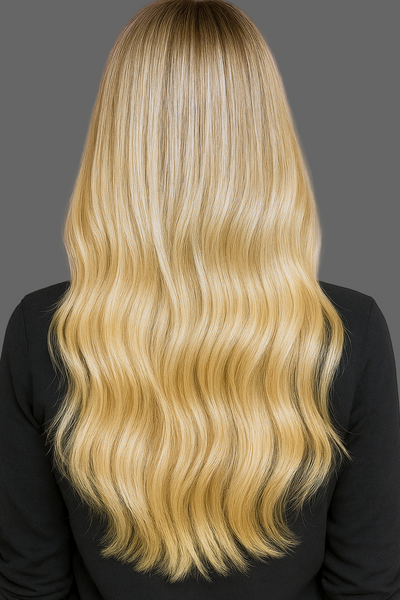 Confident Caucasian woman wearing Ava Golden Cascade Wig, long loose waves with blonde balayage highlights, Soft purple background