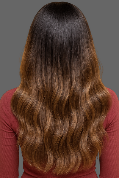 Confident Black woman with medium brown skin wearing Sienna Wavy Wig, off-black with ombre caramel highlights, light beige background